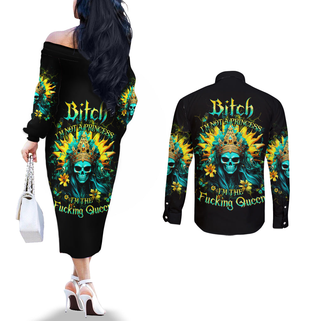 Sunflower Skull Couples Matching Off The Shoulder Long Sleeve Dress and Long Sleeve Button Shirt Bitch I'm Not A Princess I'm The Fucking Queen