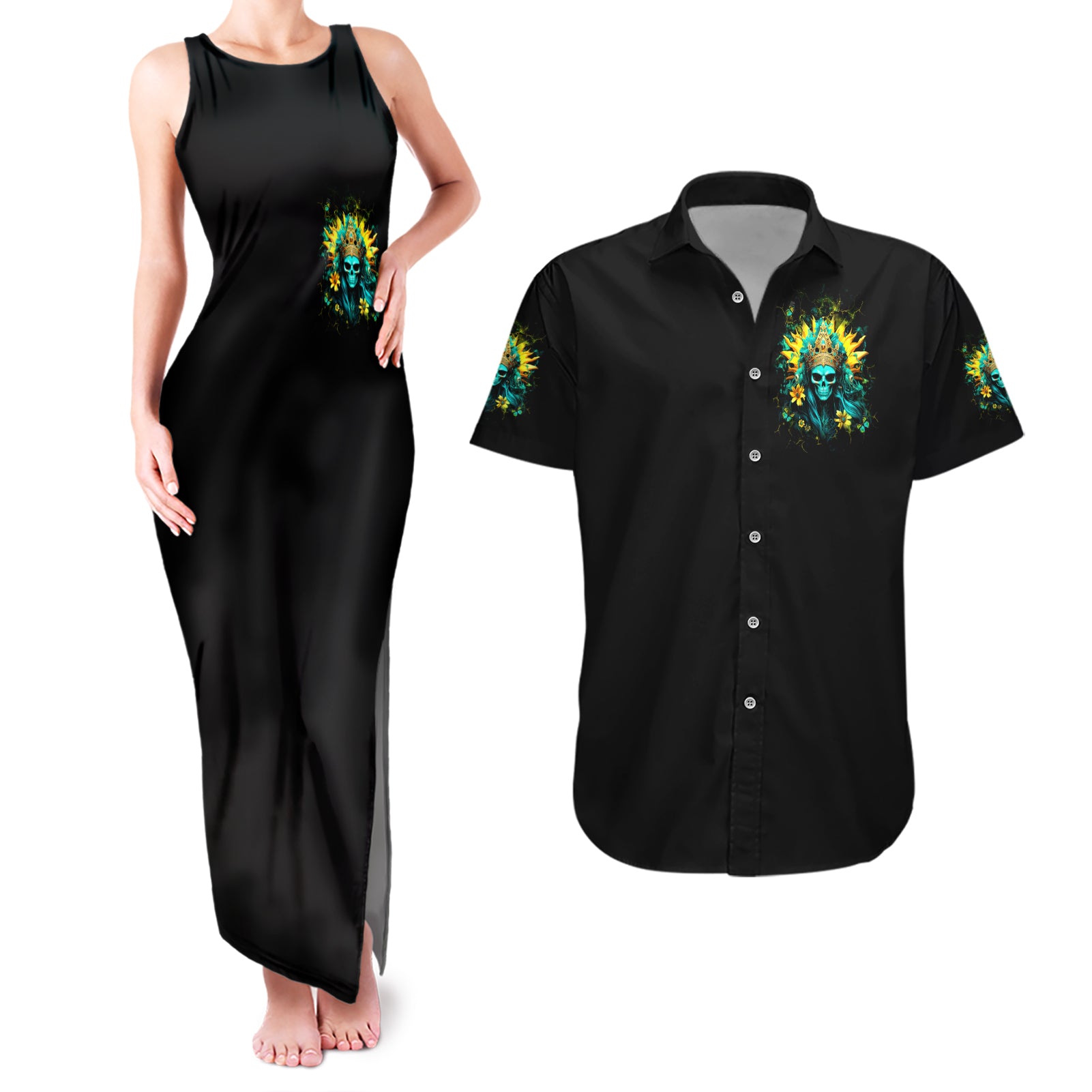 Sunflower Skull Couples Matching Tank Maxi Dress and Hawaiian Shirt Bitch I'm Not A Princess I'm The Fucking Queen