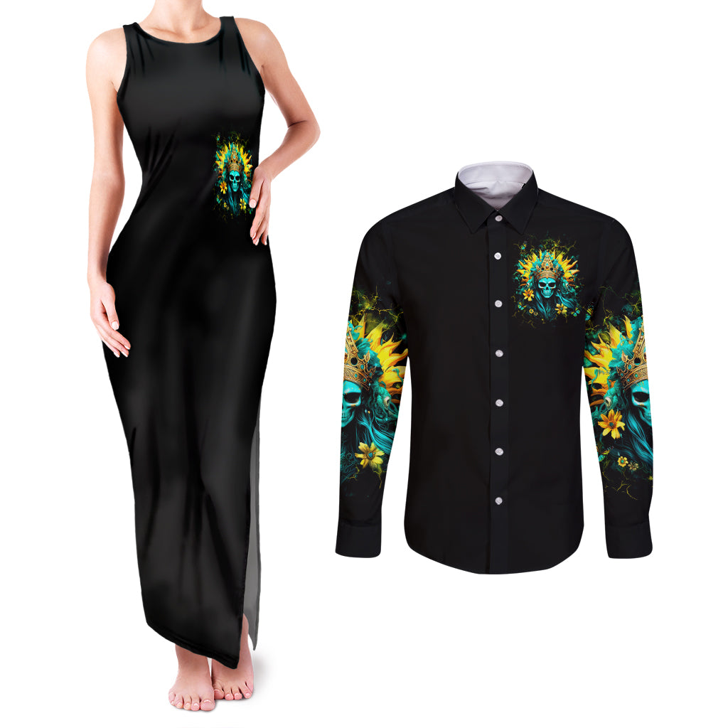 Sunflower Skull Couples Matching Tank Maxi Dress and Long Sleeve Button Shirt Bitch I'm Not A Princess I'm The Fucking Queen