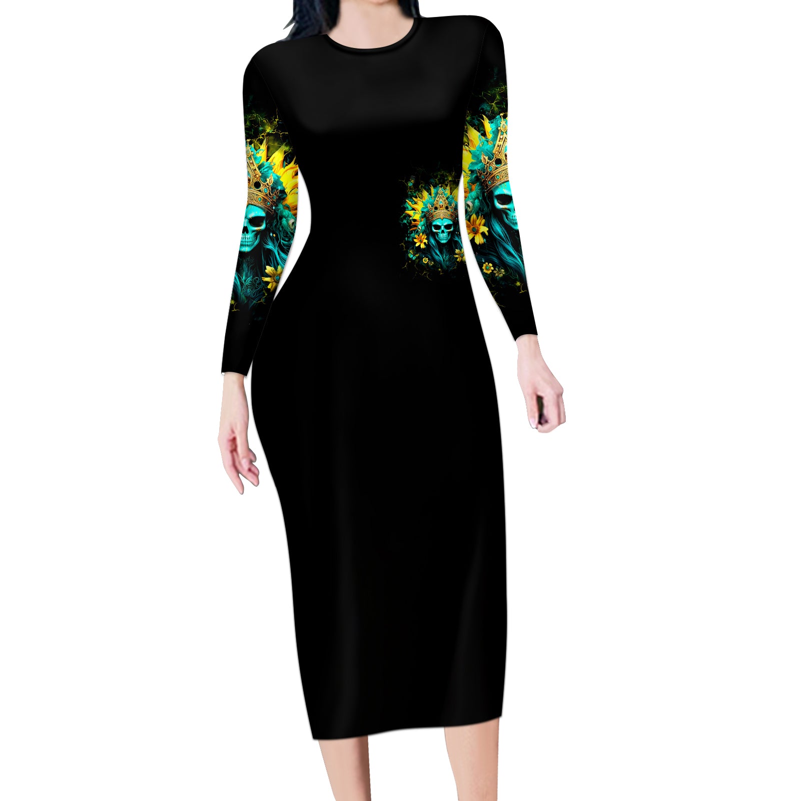 Sunflower Skull Long Sleeve Bodycon Dress Bitch I'm Not A Princess I'm The Fucking Queen