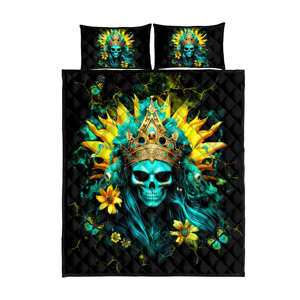 Sunflower Skull Quilt Bed Set Bitch I'm Not A Princess I'm The Fucking Queen