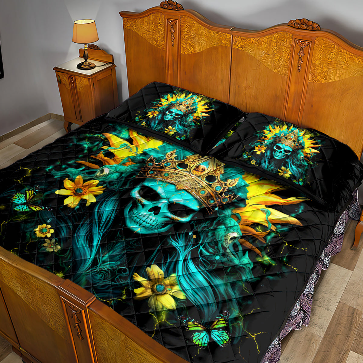 Sunflower Skull Quilt Bed Set Bitch I'm Not A Princess I'm The Fucking Queen