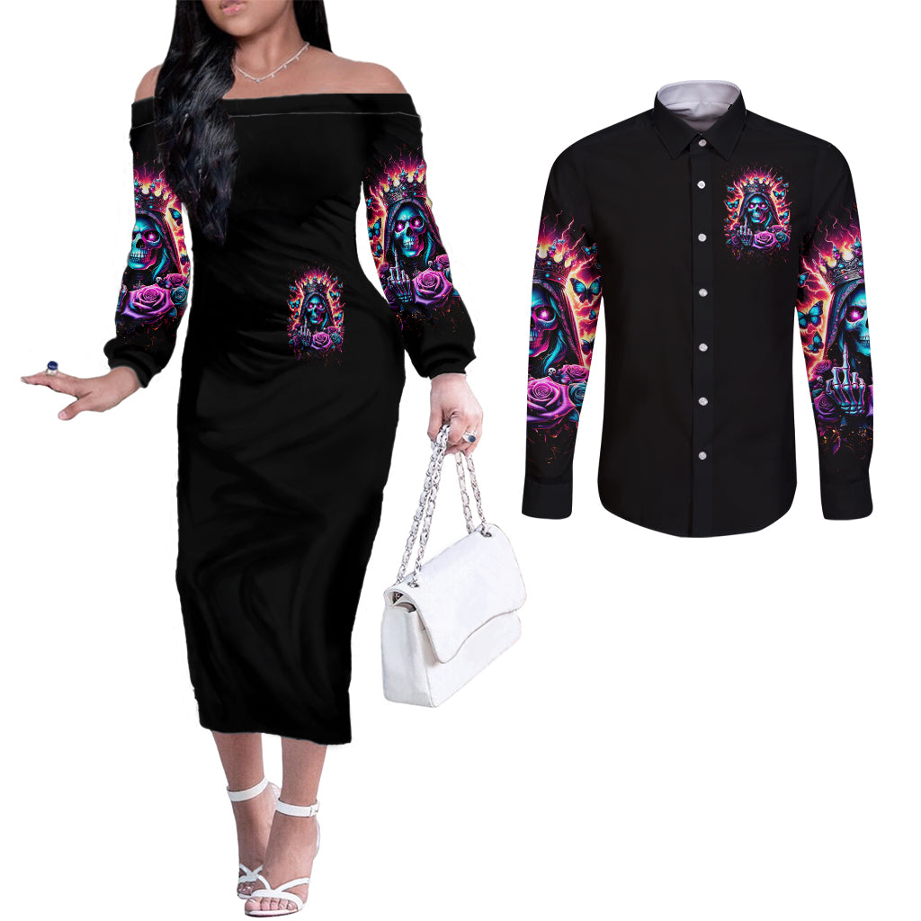 Thunder Skull Couples Matching Off The Shoulder Long Sleeve Dress and Long Sleeve Button Shirt Bitch I'm Not A Princess I'm The Fucking Queen
