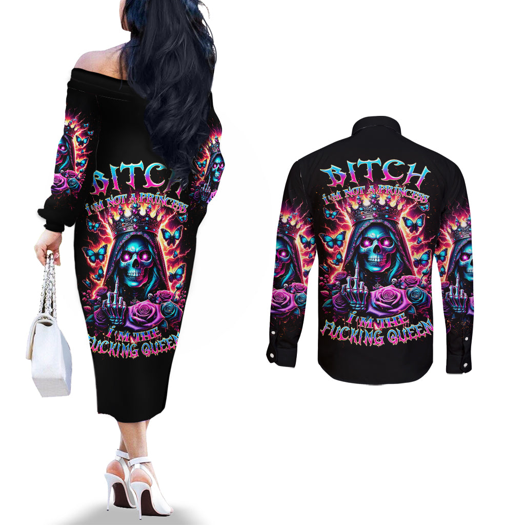 Thunder Skull Couples Matching Off The Shoulder Long Sleeve Dress and Long Sleeve Button Shirt Bitch I'm Not A Princess I'm The Fucking Queen