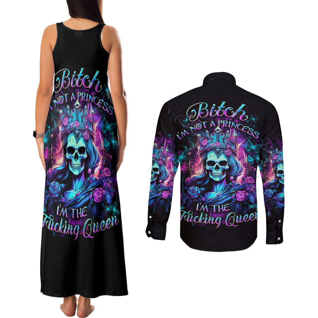 Rose Skull Couples Matching Tank Maxi Dress and Long Sleeve Button Shirt Bitch I'm Not A Princess I'm The Fucking Queen