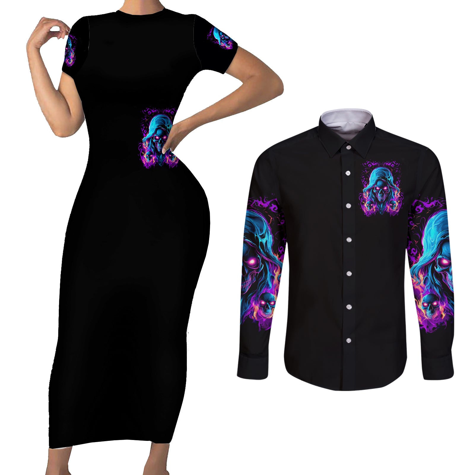 Flame Skull Couples Matching Short Sleeve Bodycon Dress and Long Sleeve Button Shirt Did I Piss You Off That Great At Least I'm Doing Something Right