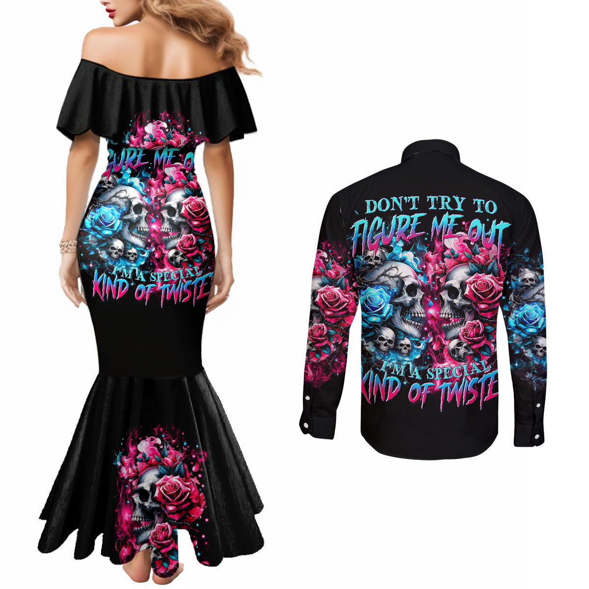 Couple Skull Couples Matching Mermaid Dress and Long Sleeve Button Shirt Don't Try To Figure Me Out I'm Special
