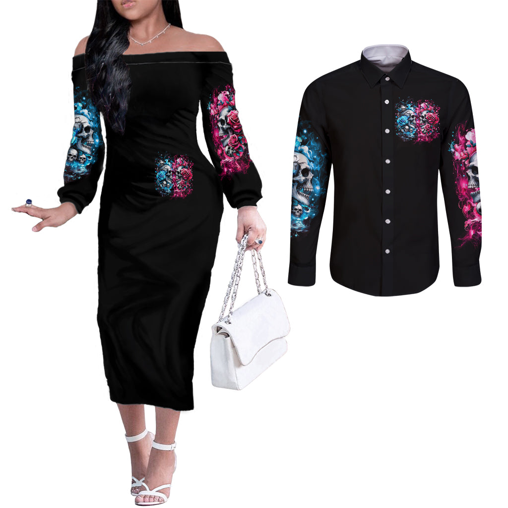 Couple Skull Couples Matching Off The Shoulder Long Sleeve Dress and Long Sleeve Button Shirt Don't Try To Figure Me Out I'm Special