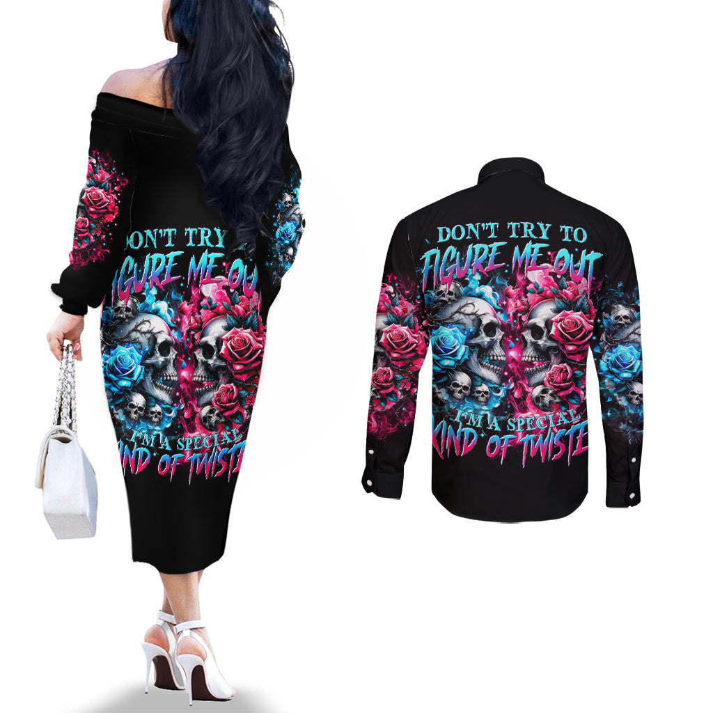 Couple Skull Couples Matching Off The Shoulder Long Sleeve Dress and Long Sleeve Button Shirt Don't Try To Figure Me Out I'm Special