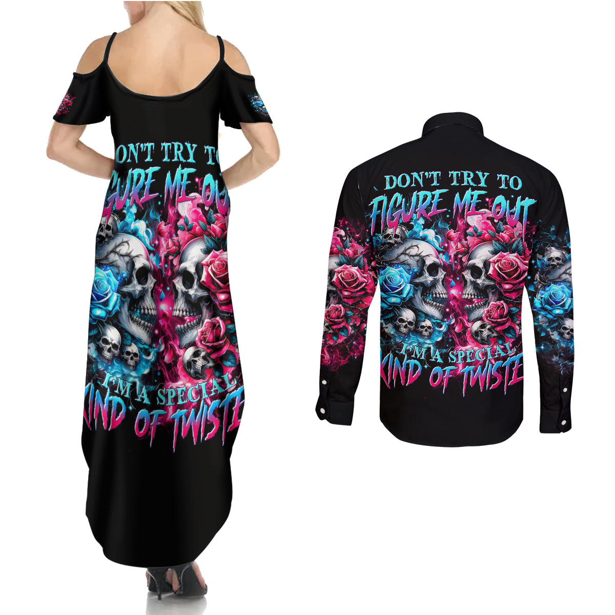 Couple Skull Couples Matching Summer Maxi Dress and Long Sleeve Button Shirt Don't Try To Figure Me Out I'm Special