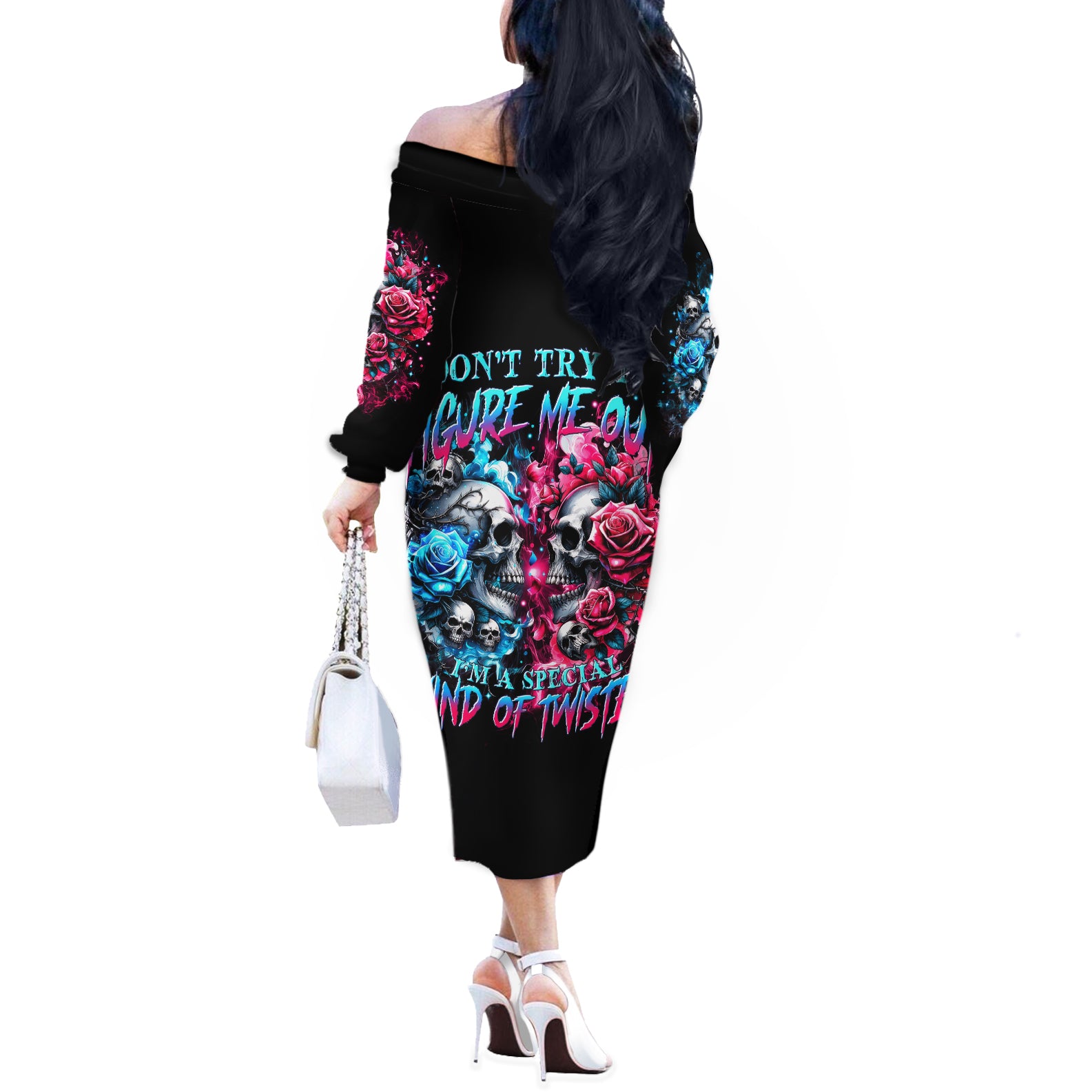 Couple Skull Off The Shoulder Long Sleeve Dress Don't Try To Figure Me Out I'm Special
