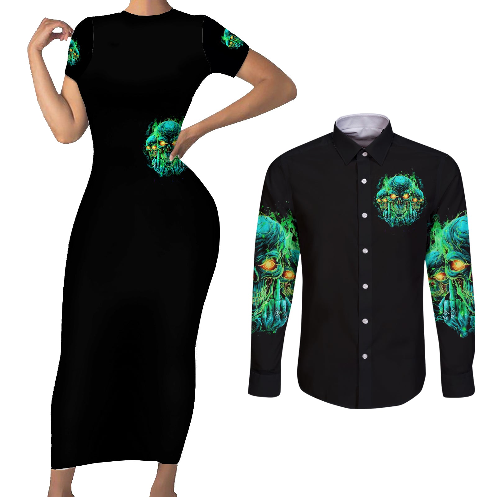 Flame Skull Couples Matching Short Sleeve Bodycon Dress and Long Sleeve Button Shirt Fuck You You Fuckin Fuck
