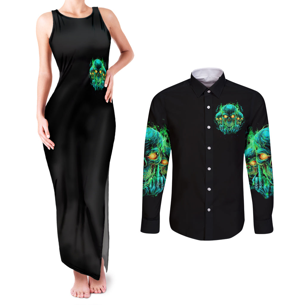Flame Skull Couples Matching Tank Maxi Dress and Long Sleeve Button Shirt Fuck You You Fuckin Fuck