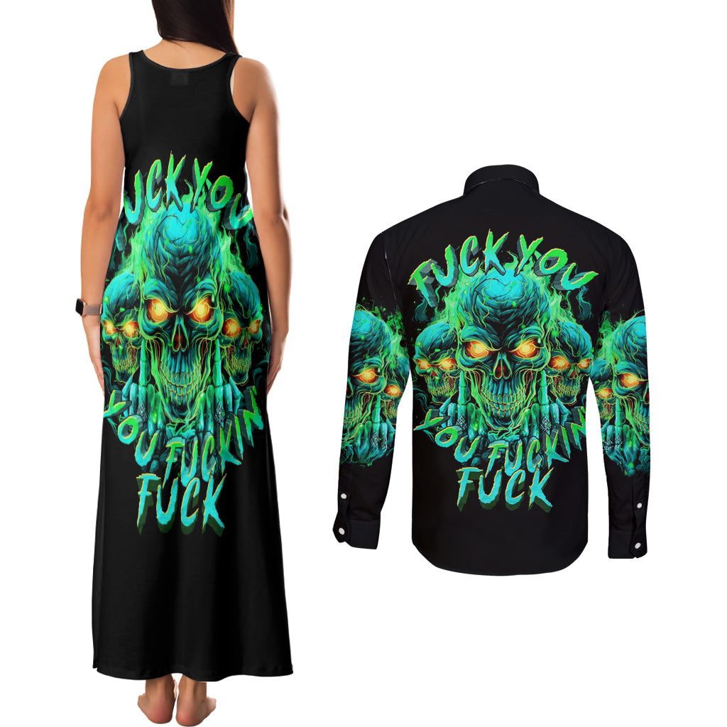 Flame Skull Couples Matching Tank Maxi Dress and Long Sleeve Button Shirt Fuck You You Fuckin Fuck
