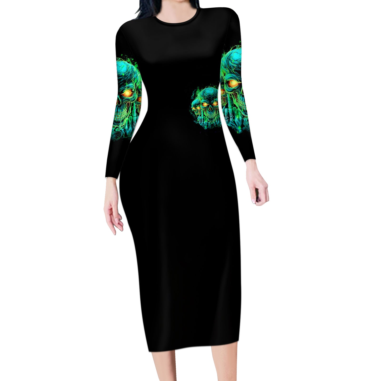 Flame Skull Long Sleeve Bodycon Dress Fuck You You Fuckin Fuck