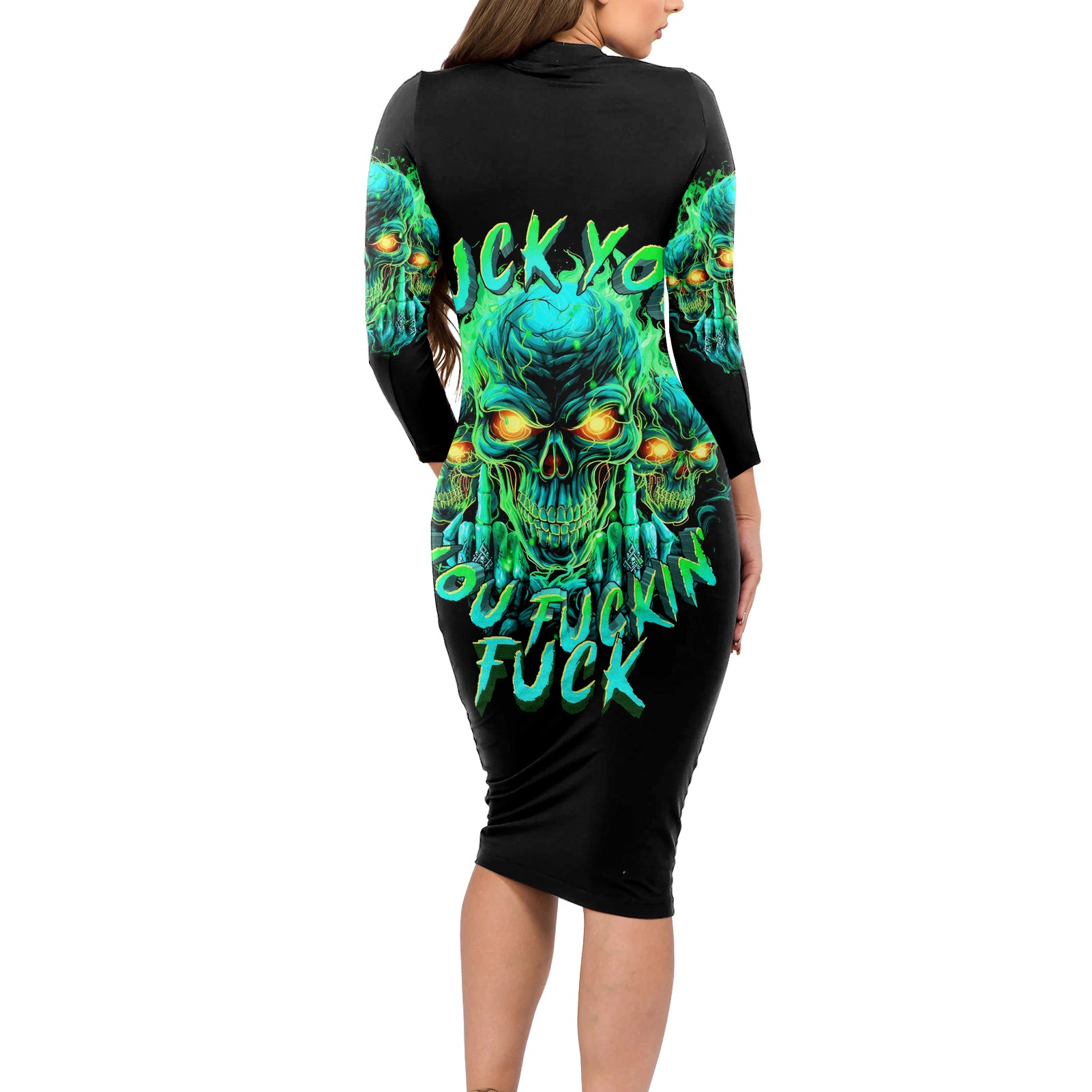 Flame Skull Long Sleeve Bodycon Dress Fuck You You Fuckin Fuck