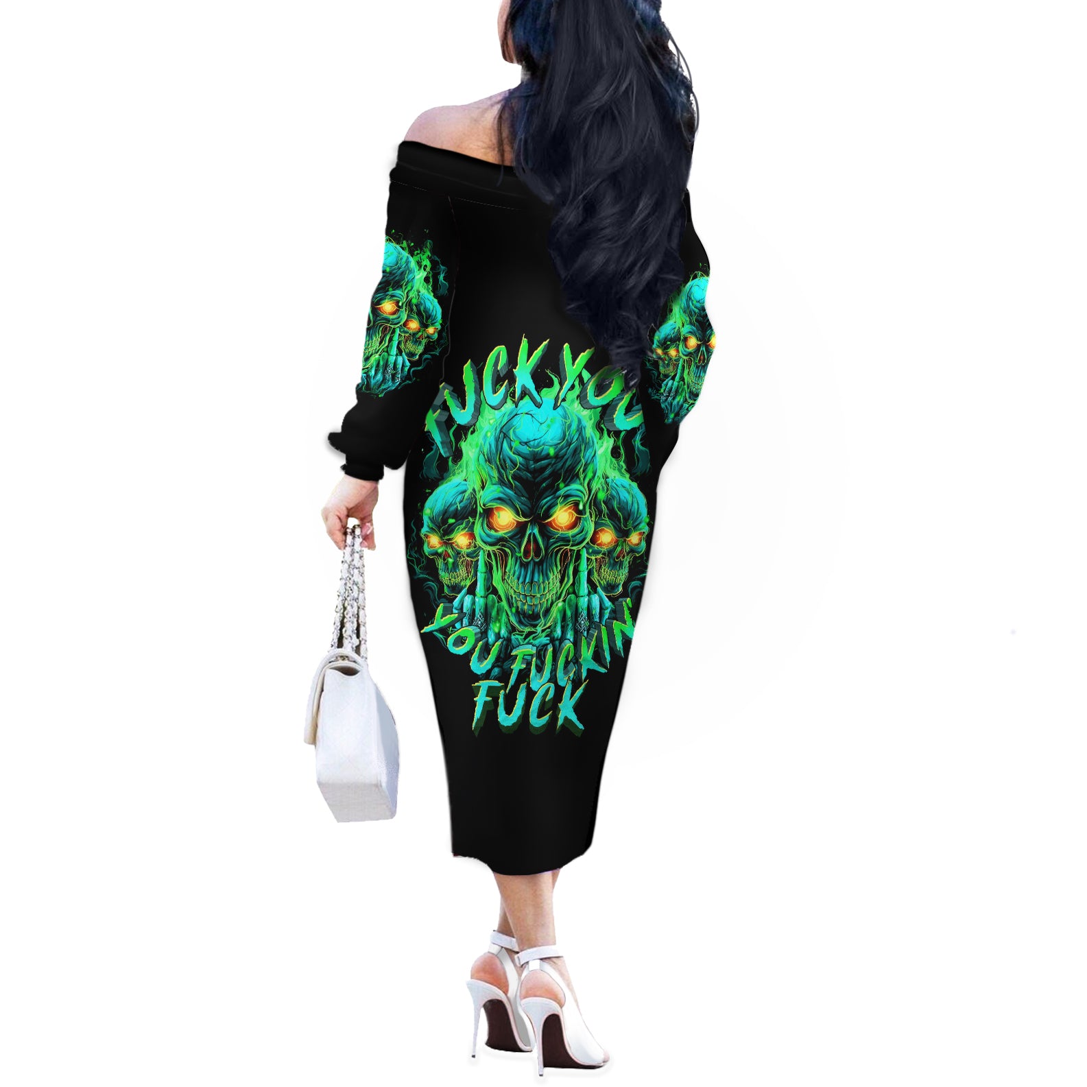 Flame Skull Off The Shoulder Long Sleeve Dress Fuck You You Fuckin Fuck