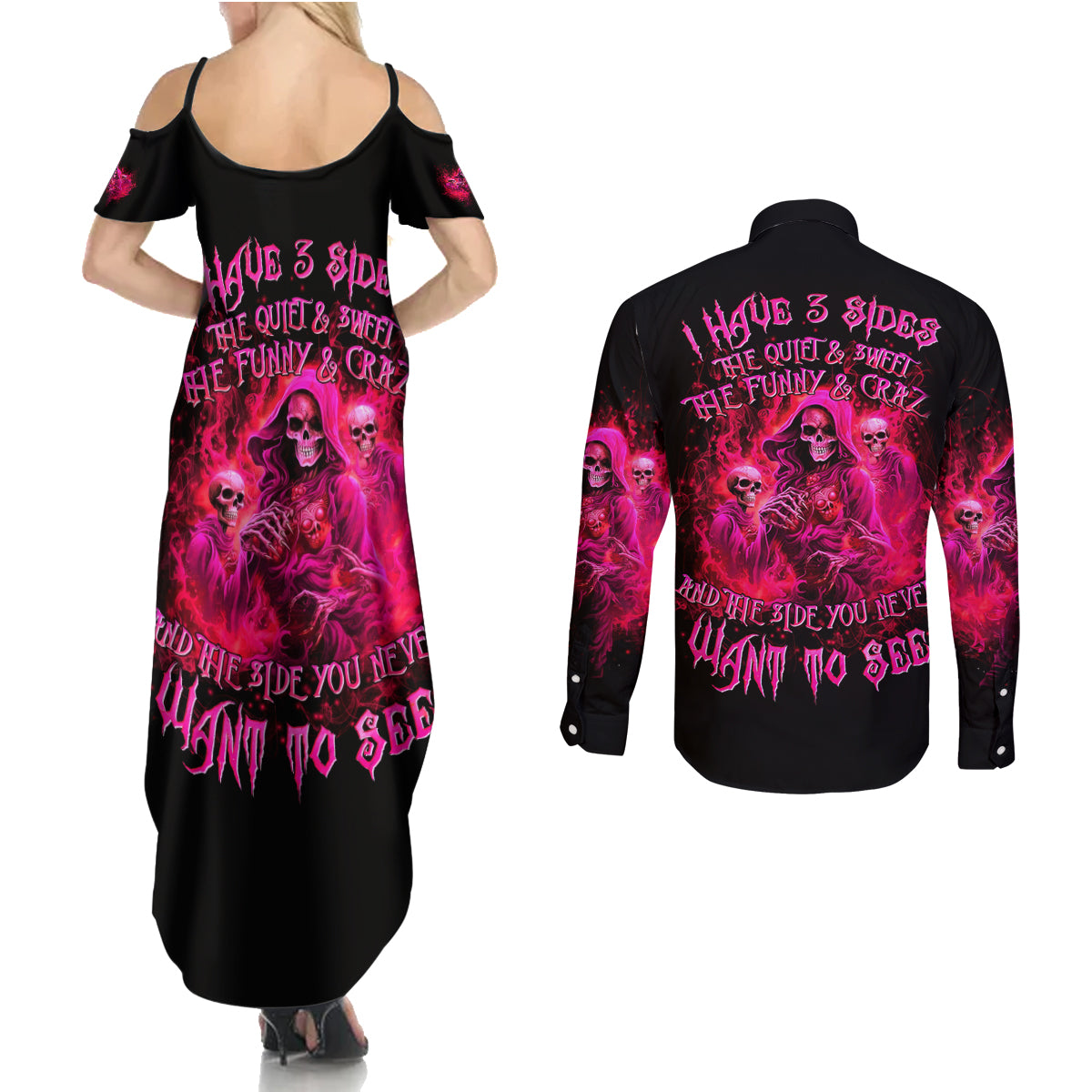 Flame Skull Couples Matching Summer Maxi Dress and Long Sleeve Button Shirt I Have 3 Sides Quite Sweet Funny Crazy And The Side You Never See
