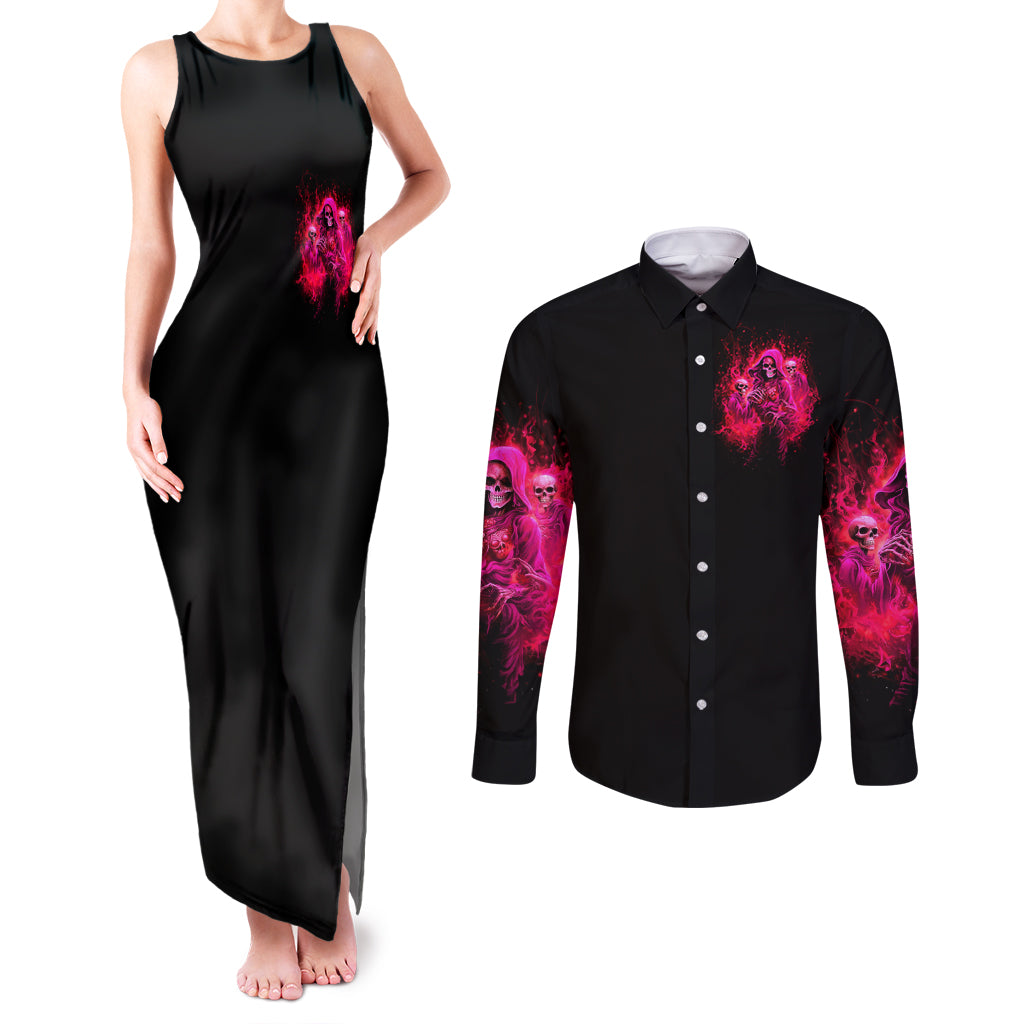 Flame Skull Couples Matching Tank Maxi Dress and Long Sleeve Button Shirt I Have 3 Sides Quite Sweet Funny Crazy And The Side You Never See