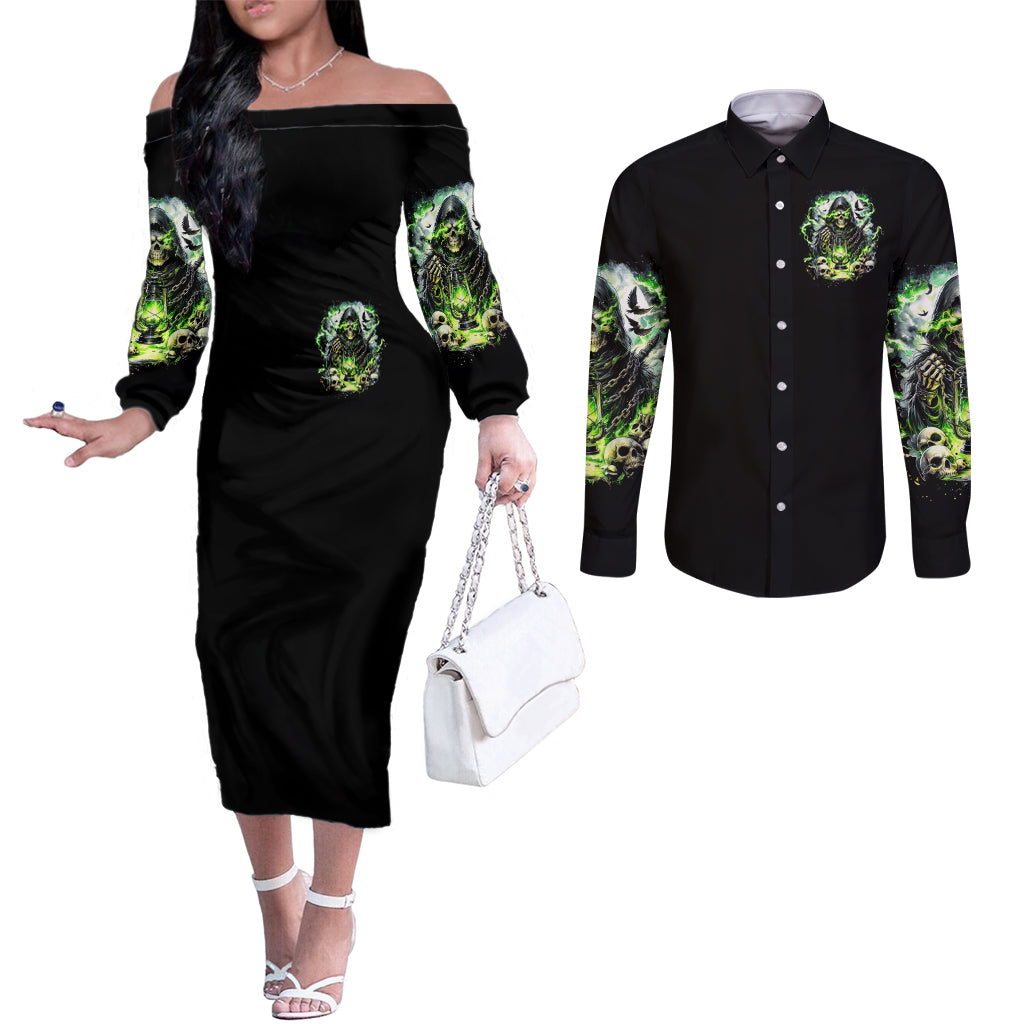 Reaper Skull Couples Matching Off The Shoulder Long Sleeve Dress and Long Sleeve Button Shirt I Think I Was Designed To Be Alone
