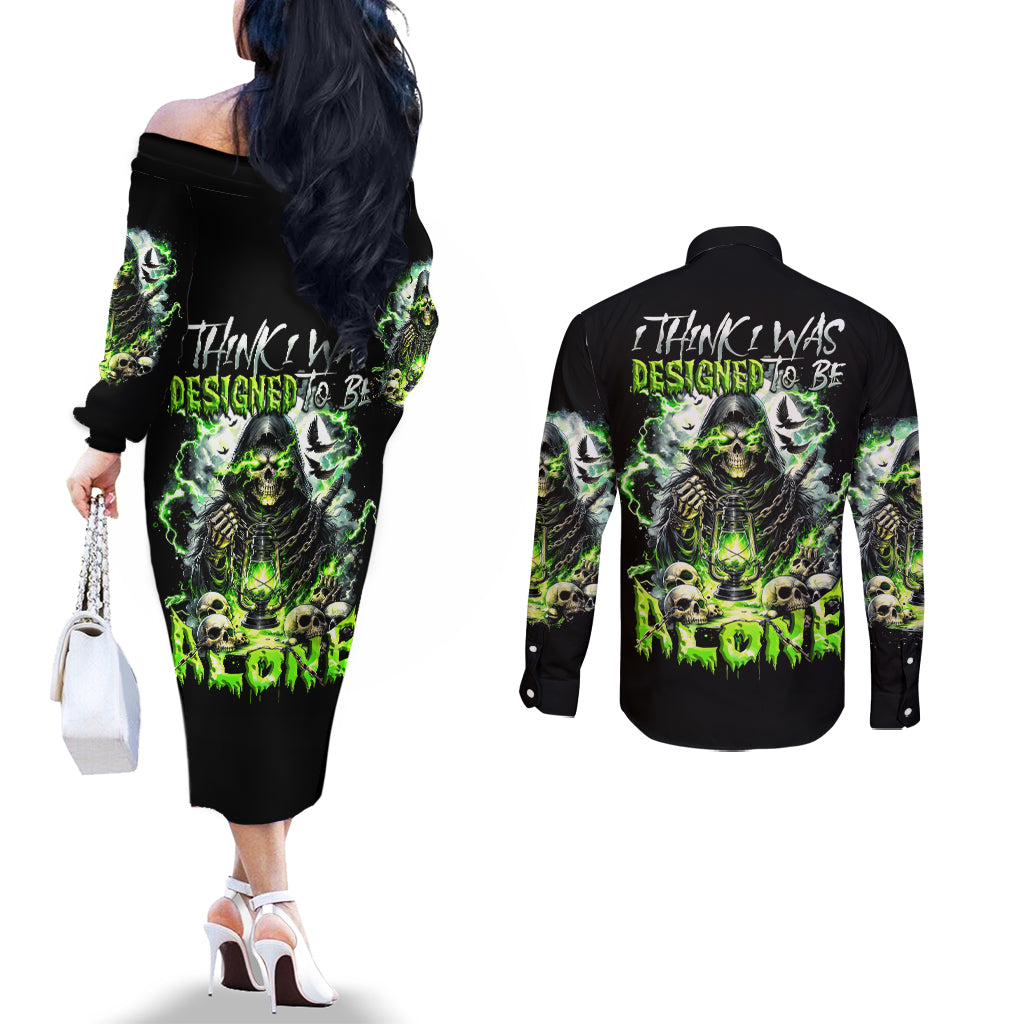 Reaper Skull Couples Matching Off The Shoulder Long Sleeve Dress and Long Sleeve Button Shirt I Think I Was Designed To Be Alone