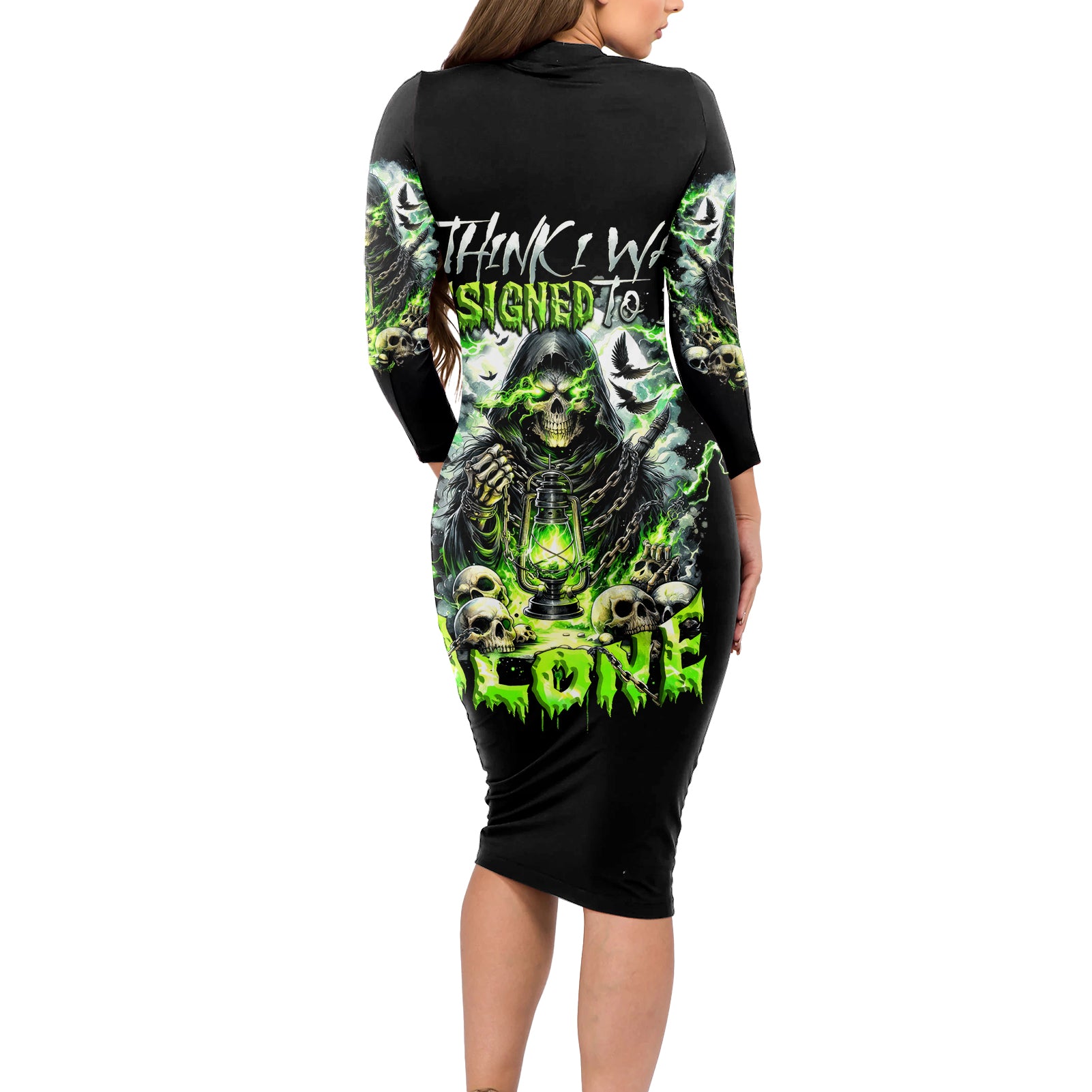 Reaper Skull Long Sleeve Bodycon Dress I Think I Was Designed To Be Alone
