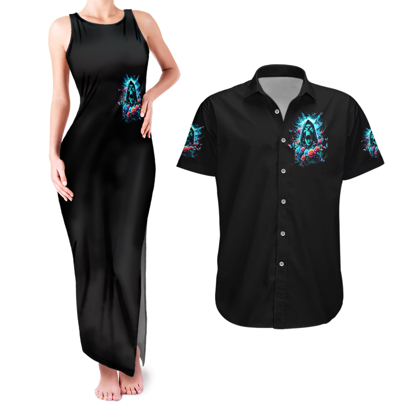 Rose Skull Couples Matching Tank Maxi Dress and Hawaiian Shirt She Whispered Back Iam The Storm