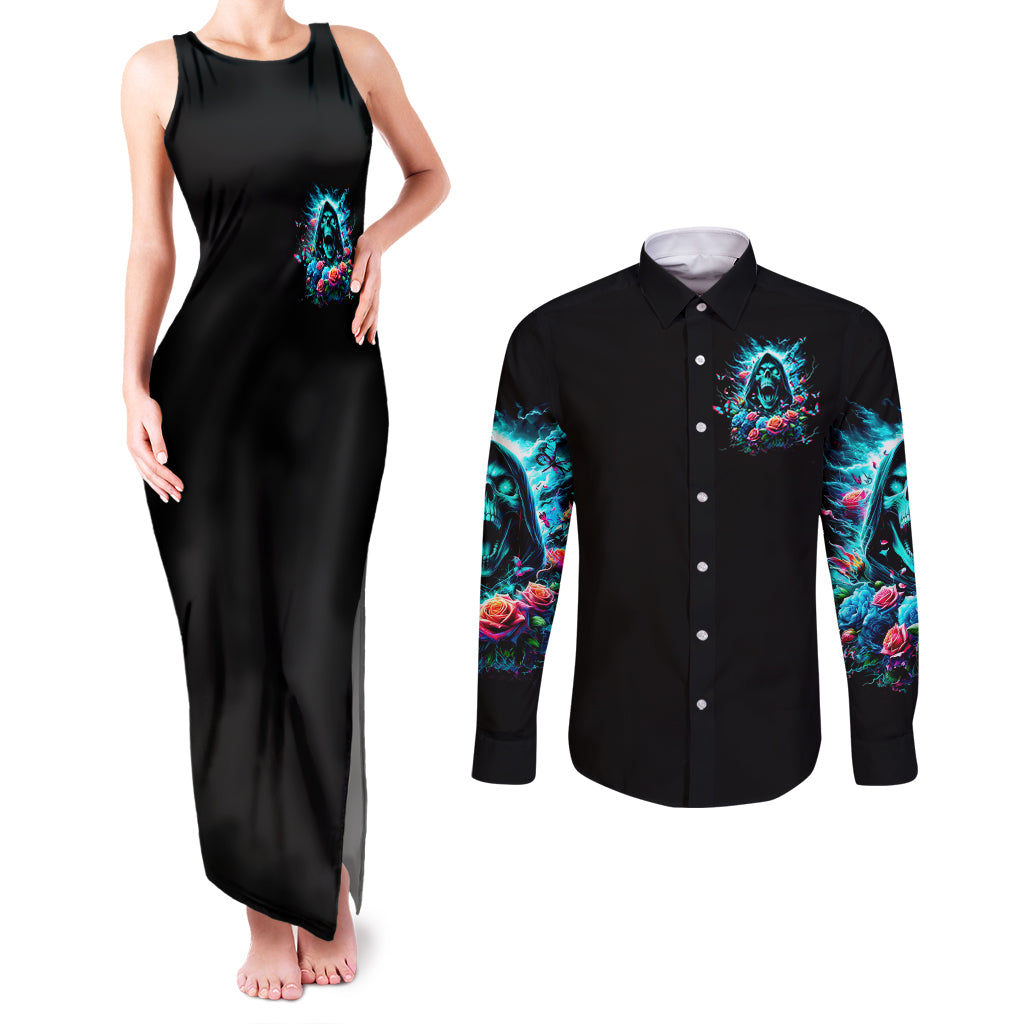 Rose Skull Couples Matching Tank Maxi Dress and Long Sleeve Button Shirt She Whispered Back Iam The Storm
