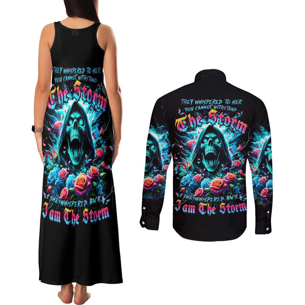 Rose Skull Couples Matching Tank Maxi Dress and Long Sleeve Button Shirt She Whispered Back Iam The Storm