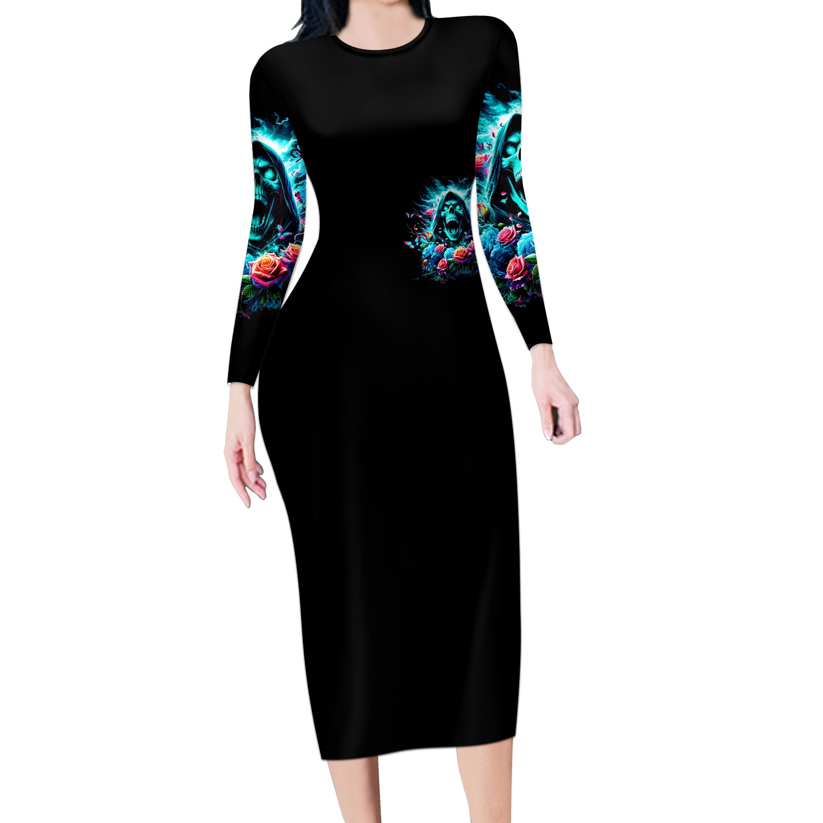 Rose Skull Long Sleeve Bodycon Dress She Whispered Back Iam The Storm