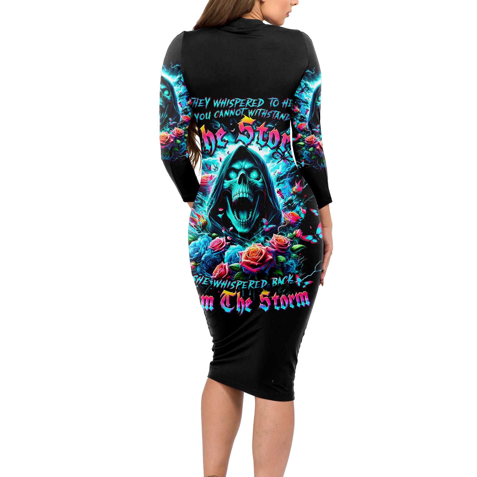 Rose Skull Long Sleeve Bodycon Dress She Whispered Back Iam The Storm