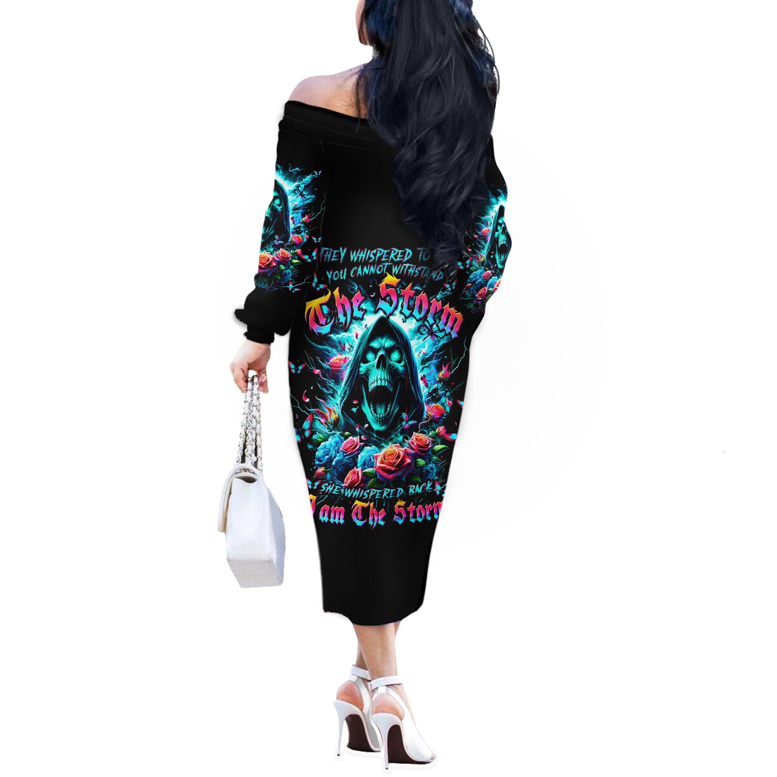 Rose Skull Off The Shoulder Long Sleeve Dress She Whispered Back Iam The Storm