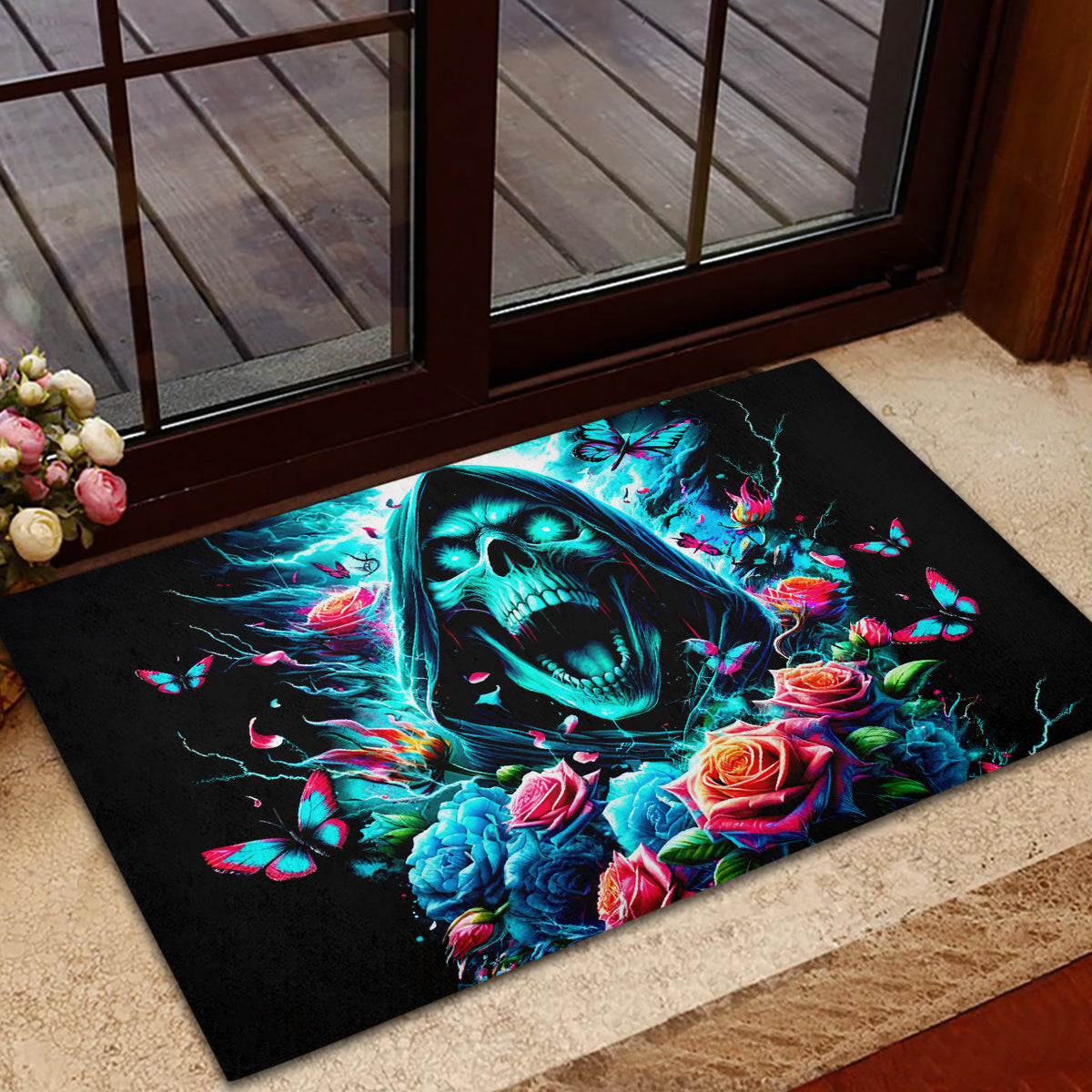 Rose Skull Rubber Doormat She Whispered Back Iam The Storm