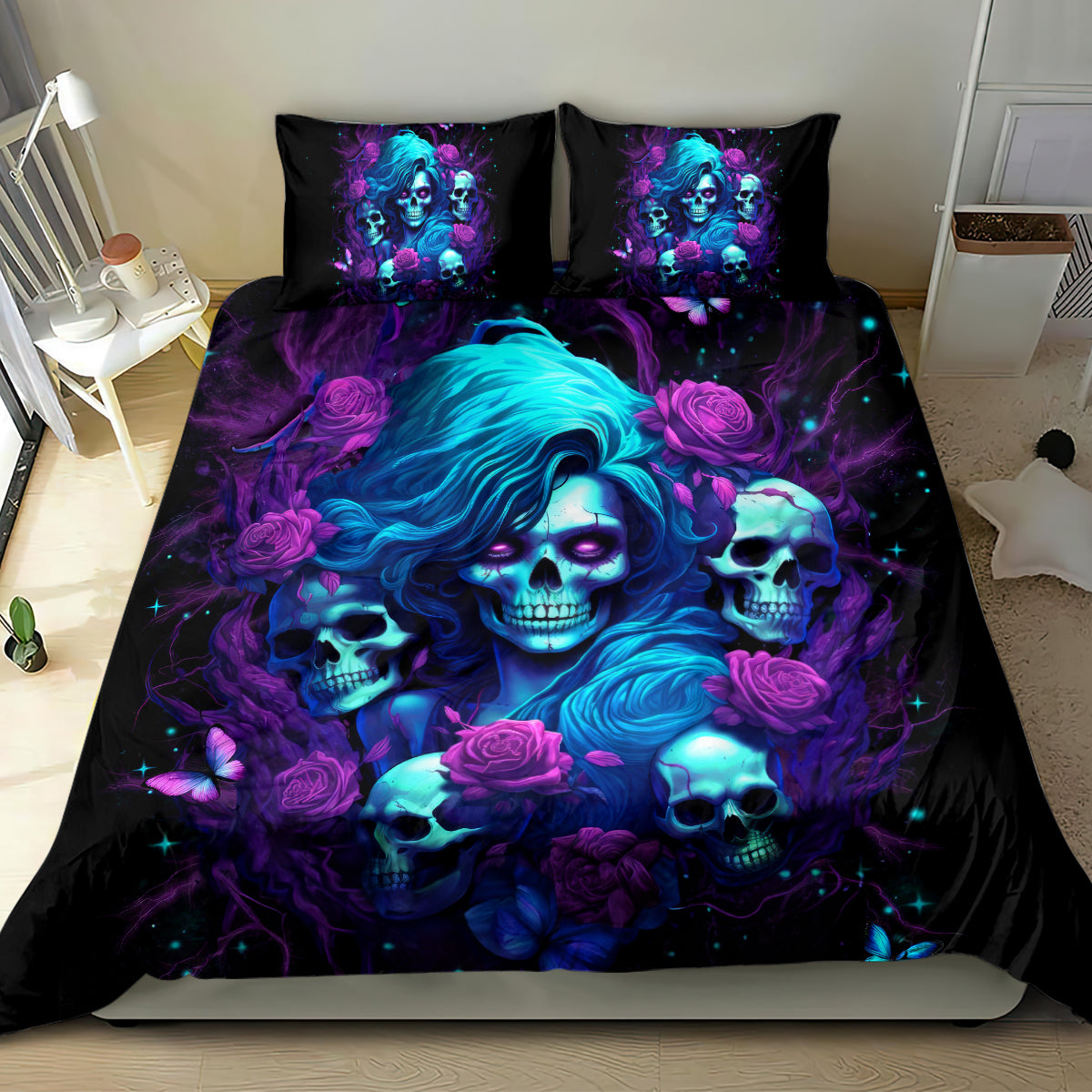 Rose Skull Bedding Set I'm Never Alone My Demon Are With Me 24/7