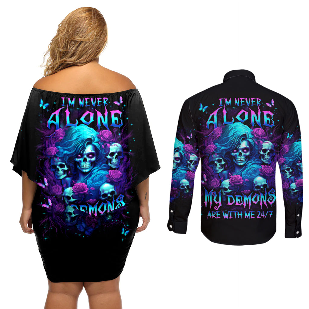 Rose Skull Couples Matching Off Shoulder Short Dress and Long Sleeve Button Shirt I'm Never Alone My Demon Are With Me 24/7