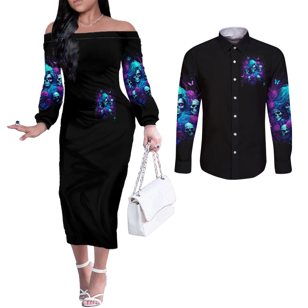 Rose Skull Couples Matching Off The Shoulder Long Sleeve Dress and Long Sleeve Button Shirt I'm Never Alone My Demon Are With Me 24/7
