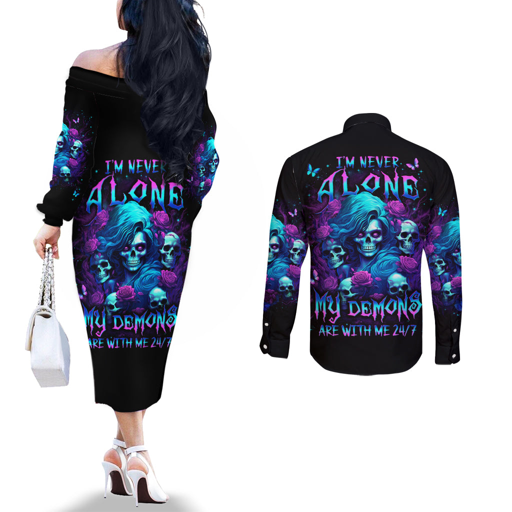 Rose Skull Couples Matching Off The Shoulder Long Sleeve Dress and Long Sleeve Button Shirt I'm Never Alone My Demon Are With Me 24/7