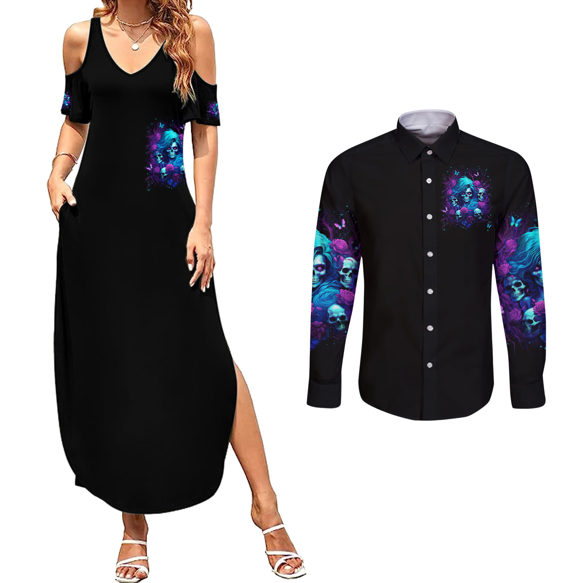 Rose Skull Couples Matching Summer Maxi Dress and Long Sleeve Button Shirt I'm Never Alone My Demon Are With Me 24/7