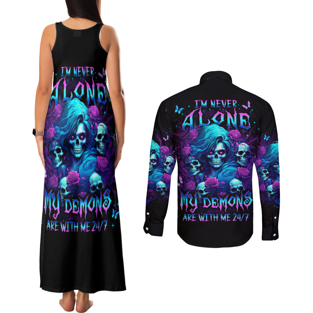 Rose Skull Couples Matching Tank Maxi Dress and Long Sleeve Button Shirt I'm Never Alone My Demon Are With Me 24/7