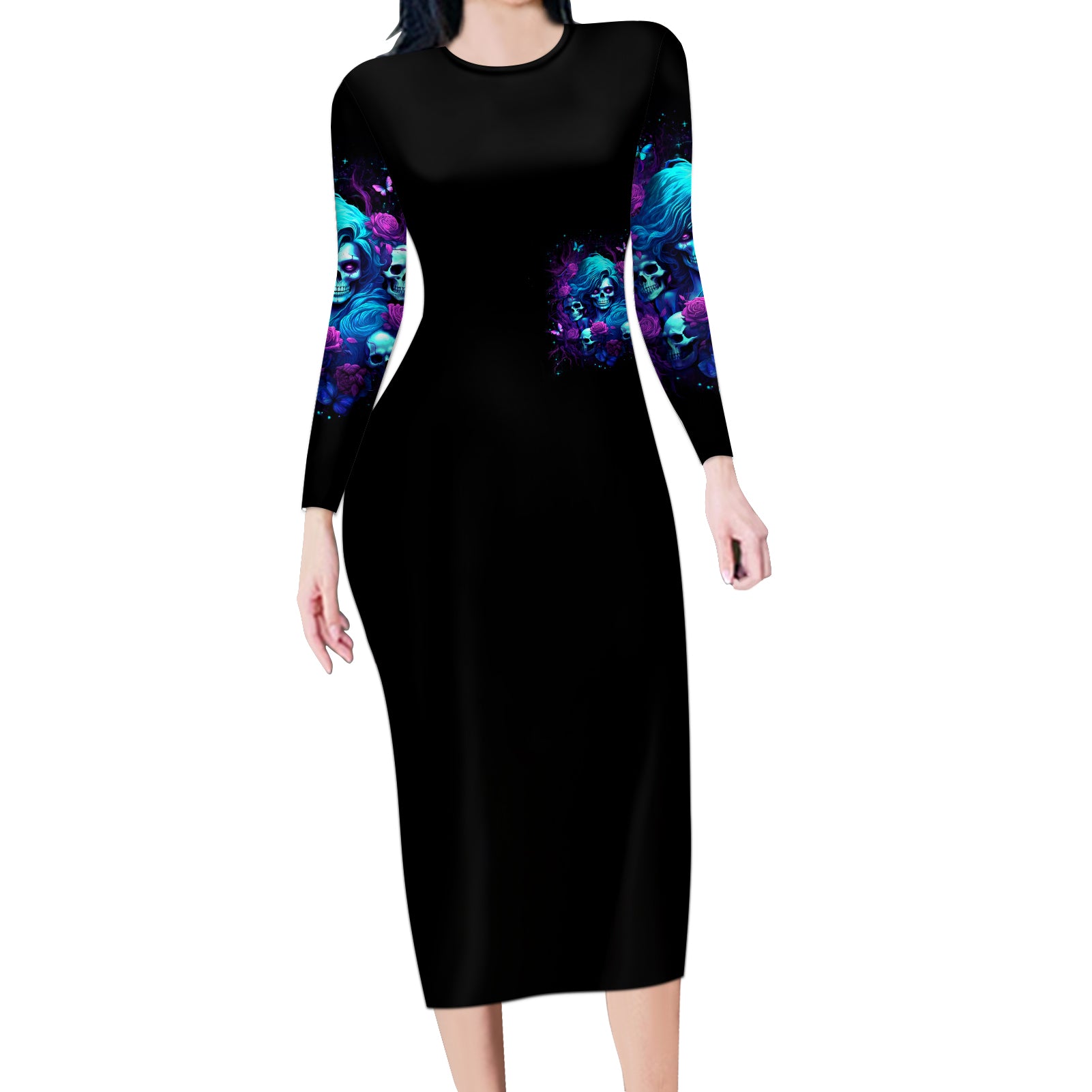 Rose Skull Long Sleeve Bodycon Dress I'm Never Alone My Demon Are With Me 24/7