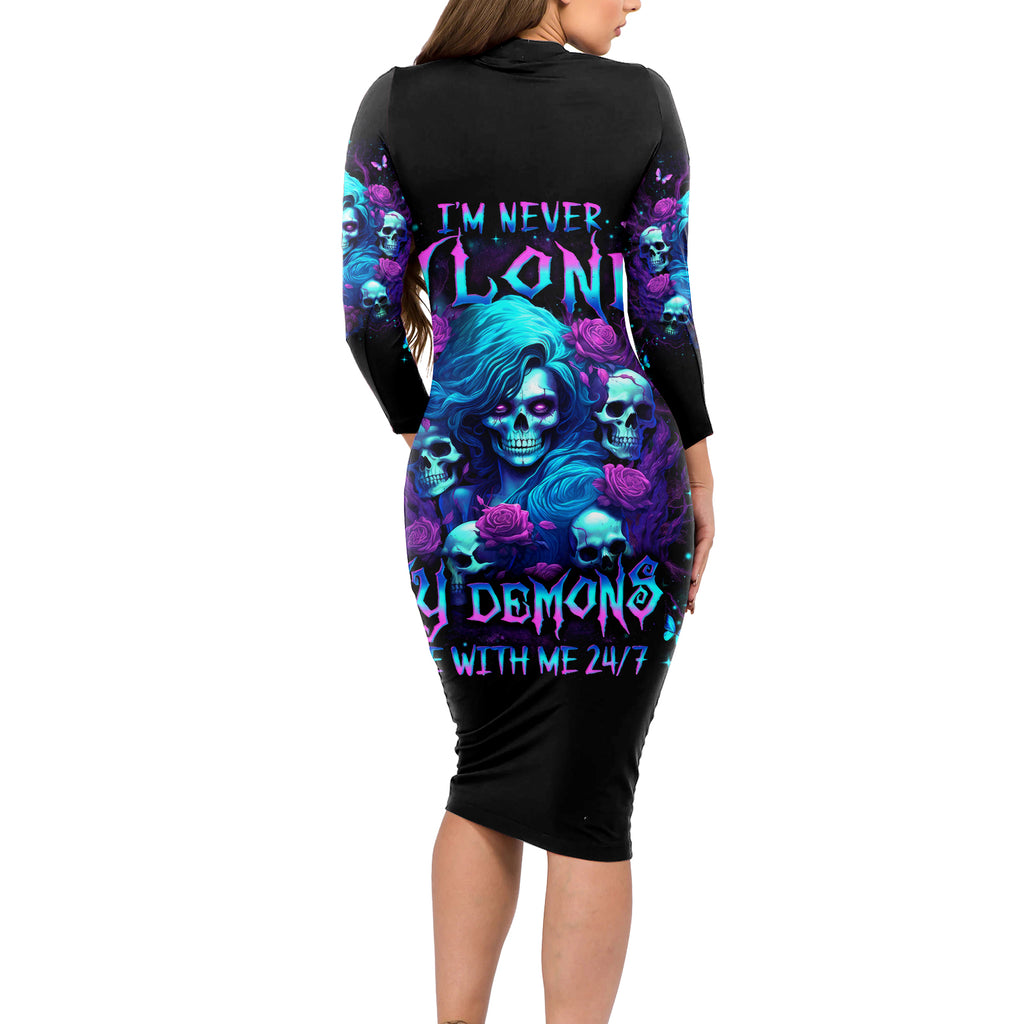 Rose Skull Long Sleeve Bodycon Dress I'm Never Alone My Demon Are With Me 24/7