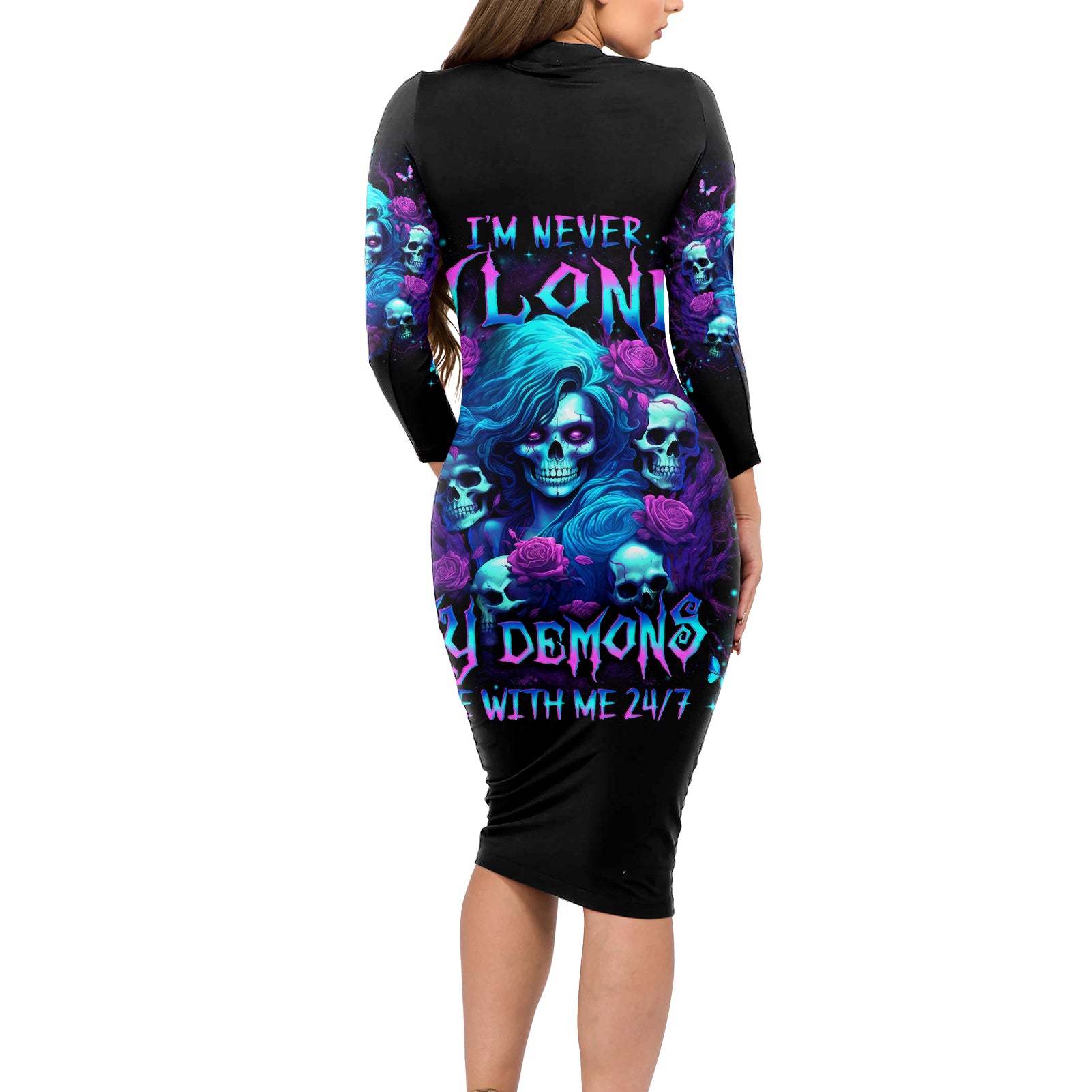 Rose Skull Long Sleeve Bodycon Dress I'm Never Alone My Demon Are With Me 24/7