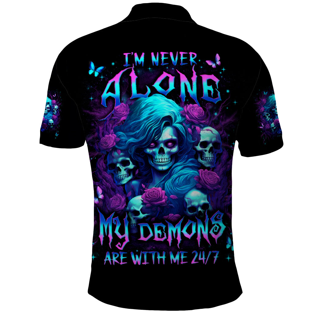 Rose Skull Polo Shirt I'm Never Alone My Demon Are With Me 24/7