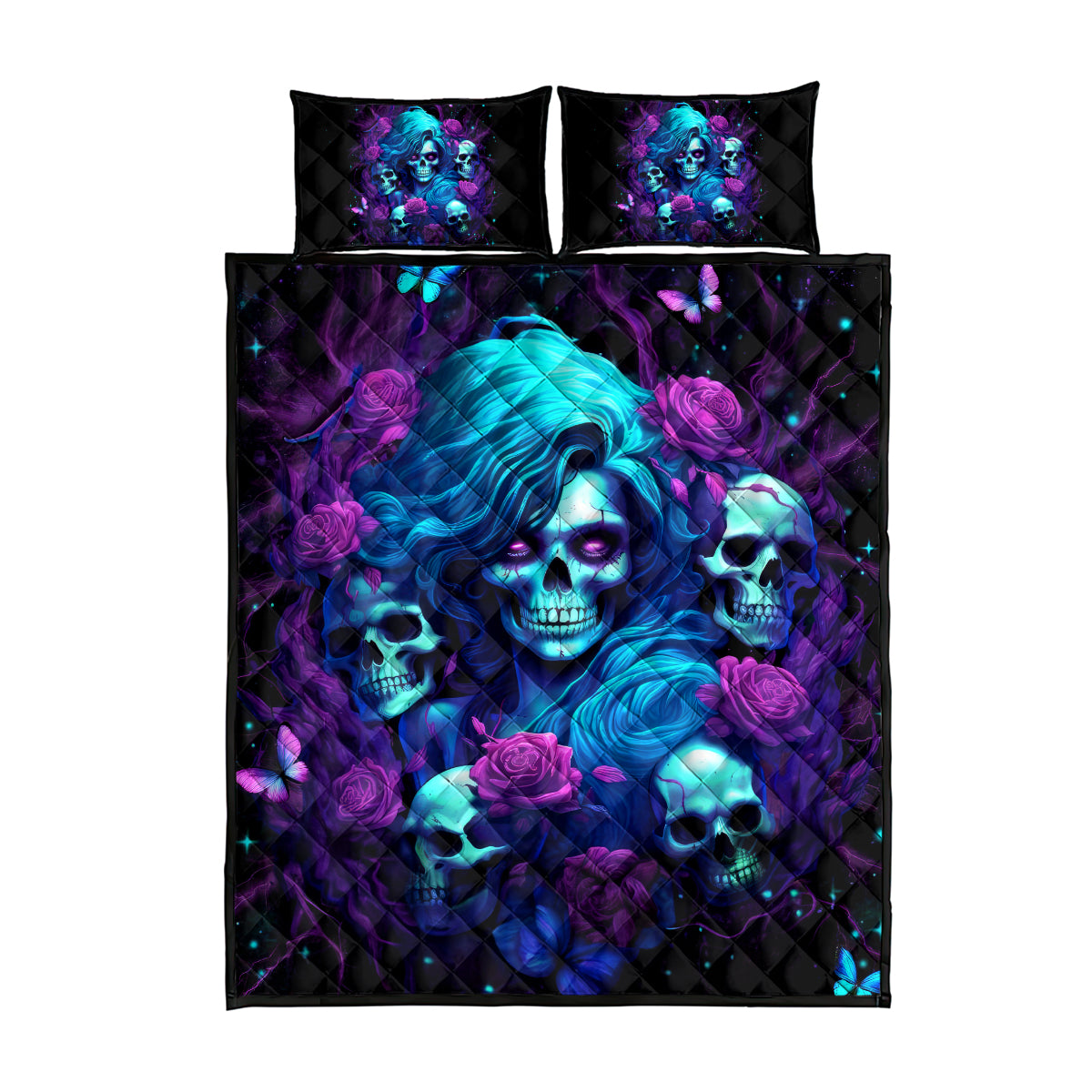 Rose Skull Quilt Bed Set I'm Never Alone My Demon Are With Me 24/7