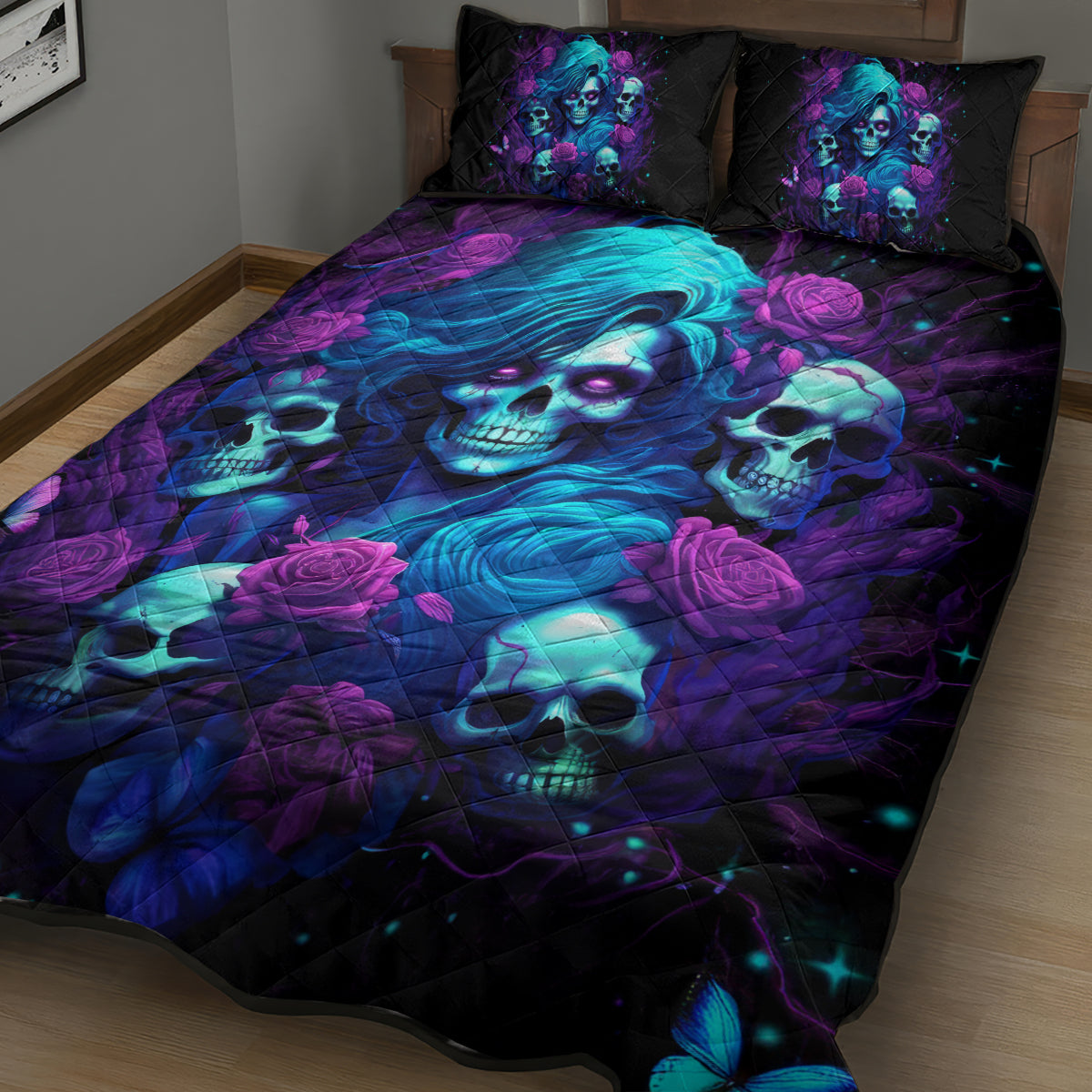 Rose Skull Quilt Bed Set I'm Never Alone My Demon Are With Me 24/7