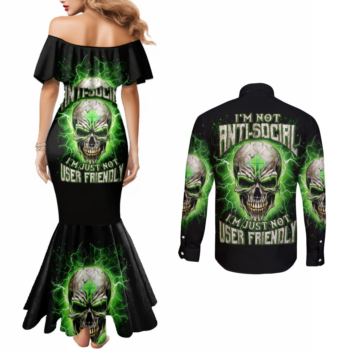 Thunder Skull Couples Matching Mermaid Dress and Long Sleeve Button Shirt I'm Not Anti-Social I Must Not User Friendly