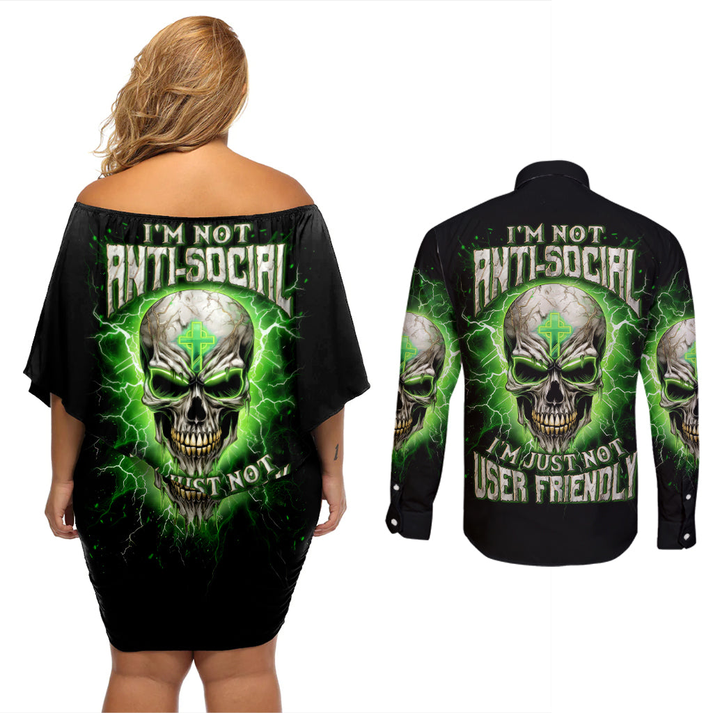 Thunder Skull Couples Matching Off Shoulder Short Dress and Long Sleeve Button Shirt I'm Not Anti-Social I Must Not User Friendly