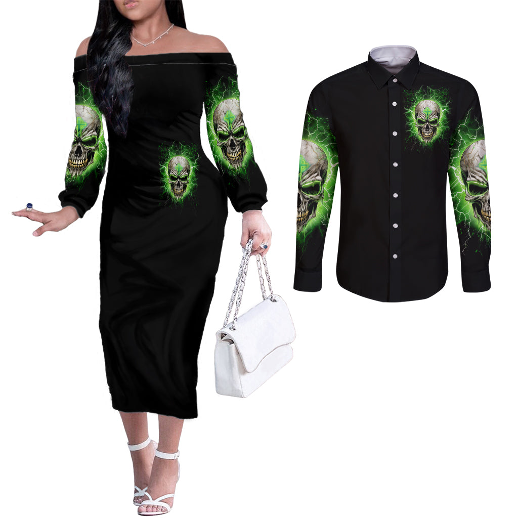 Thunder Skull Couples Matching Off The Shoulder Long Sleeve Dress and Long Sleeve Button Shirt I'm Not Anti-Social I Must Not User Friendly