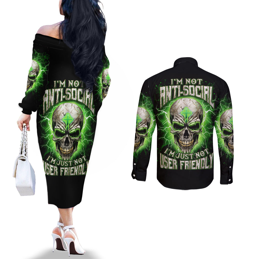 Thunder Skull Couples Matching Off The Shoulder Long Sleeve Dress and Long Sleeve Button Shirt I'm Not Anti-Social I Must Not User Friendly