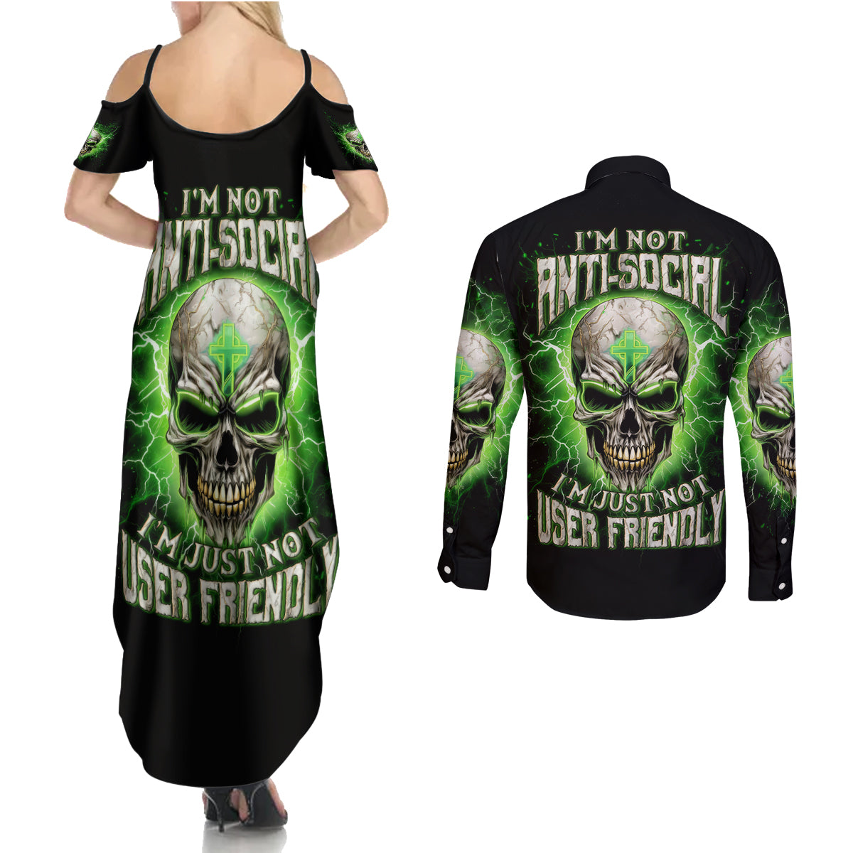 Thunder Skull Couples Matching Summer Maxi Dress and Long Sleeve Button Shirt I'm Not Anti-Social I Must Not User Friendly